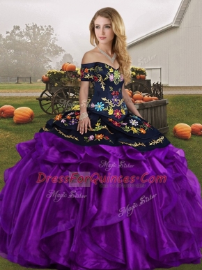 Decent Black And Purple Sleeveless Floor Length Embroidery and Ruffles Lace Up Quinceanera Gowns
