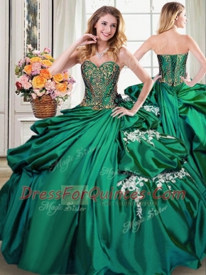 Beautiful Dark Green Ball Gowns Beading and Appliques and Pick Ups Quinceanera Gown Lace Up Taffeta Sleeveless Floor Length