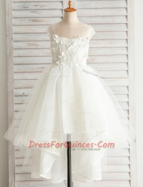 Edgy Scoop Short Sleeves Tulle High Low Zipper Flower Girl Dress in White with Appliques