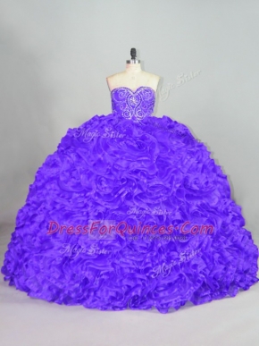 Vintage Sweetheart Sleeveless Quinceanera Gown Court Train Beading Purple Fabric With Rolling Flowers