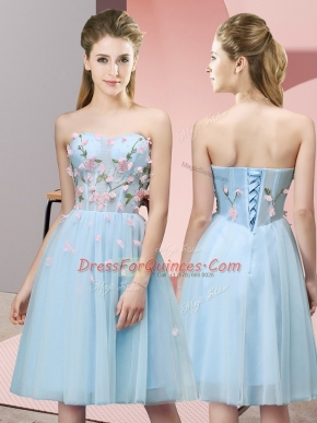 Delicate Light Blue Empire Tulle Sweetheart Sleeveless Appliques Knee Length Lace Up Damas Dress