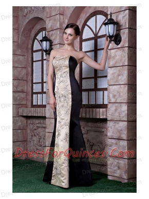 Prom Dress Black and Champagne Mermaid Strapless Floor-length Embroidery Taffeta