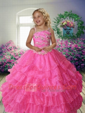 2014 Hot Pink Asymmetrical Beading Little Gril Pageant Dress with Appliques