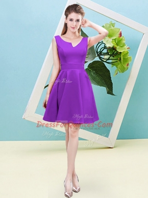Sumptuous Mini Length Eggplant Purple Damas Dress Satin Sleeveless Ruching