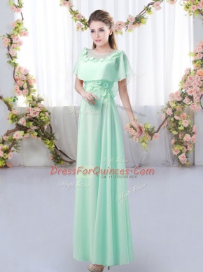 Comfortable Empire Quinceanera Dama Dress Apple Green Scoop Chiffon Short Sleeves Floor Length Zipper