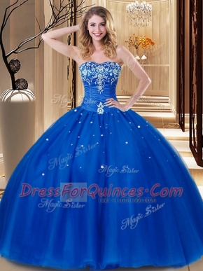 Custom Fit Floor Length Royal Blue Quinceanera Dresses Tulle Sleeveless Beading and Embroidery