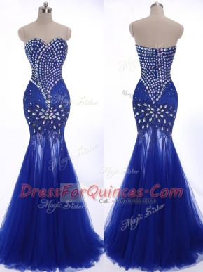 Sweet Mermaid Royal Blue Sleeveless Beading Zipper Evening Dress