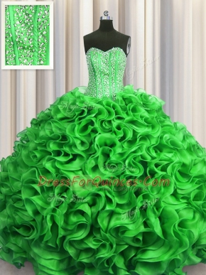 Luxurious Visible Boning Green Ball Gowns Organza Sweetheart Sleeveless Beading and Ruffles Floor Length Lace Up Quinceanera Dress