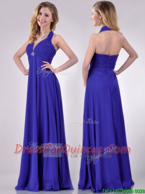 New Style Halter Top Zipper Up Long Prom Dress in Blue