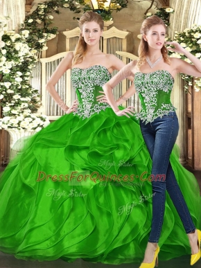 Green Organza Lace Up Sweetheart Sleeveless Floor Length 15 Quinceanera Dress Beading and Ruffles