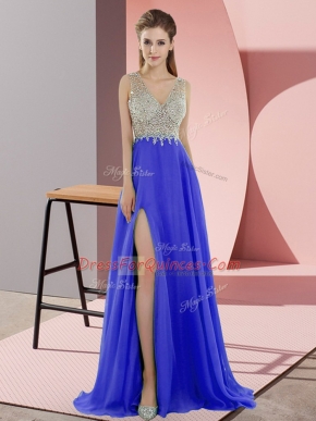 New Style Blue Chiffon Zipper Dress for Prom Sleeveless Sweep Train Beading