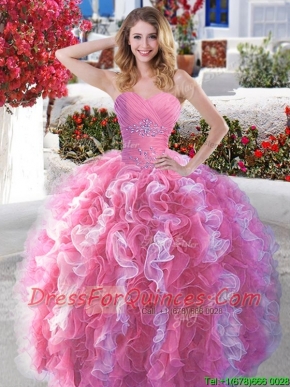 Popular Rose Pink and White Quinceanera Dress with Beading and Ruffles