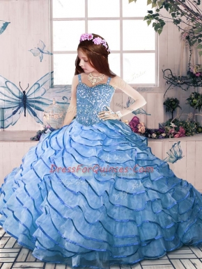 Lovely Straps Sleeveless Court Train Lace Up Pageant Gowns For Girls Blue Organza