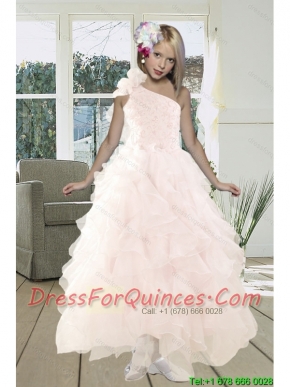 2015 Gorgeous A Line One Shoulder Baby Pink Prom Dress with Beading and Ruffles