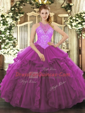 Fantastic Fuchsia Organza Lace Up Quinceanera Gowns Sleeveless Floor Length Beading and Ruffles