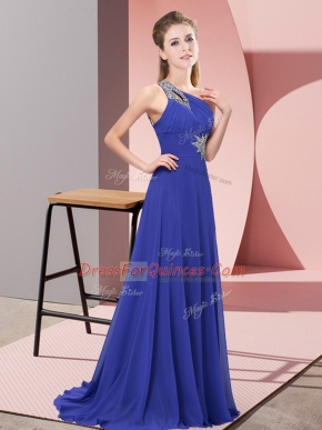 Purple Empire Chiffon One Shoulder Sleeveless Beading Floor Length Prom Evening Gown