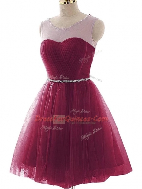 Designer Sleeveless Mini Length Beading and Ruffles Lace Up Prom Gown with Burgundy