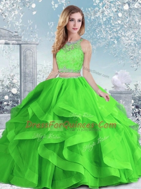 Great Organza Scoop Sleeveless Clasp Handle Beading and Ruffles Quince Ball Gowns in