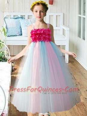 Natural A-Line Straps Ankle-length Little Girl Dress with Hand Made Flowers