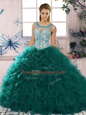 Scoop Sleeveless Lace Up Vestidos de Quinceanera Peacock Green Organza