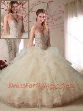 Modern Beaded Bodice and Ruffled Champagne Quinceanera Dress in Organza