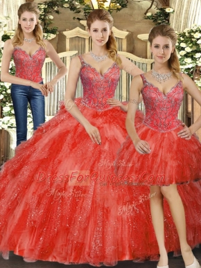 Three Pieces Ball Gown Prom Dress Red Straps Organza Sleeveless Floor Length Lace Up