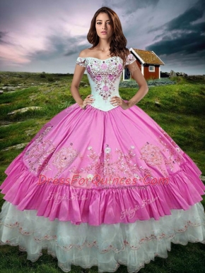 Eye-catching Rose Pink Off The Shoulder Neckline Beading and Embroidery and Ruffled Layers Sweet 16 Quinceanera Dress Sleeveless Lace Up