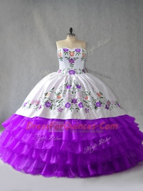 White And Purple Lace Up 15 Quinceanera Dress Embroidery and Ruffled Layers Sleeveless Floor Length