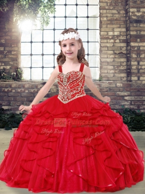 Red Straps Lace Up Beading and Ruffles Little Girls Pageant Gowns Sleeveless