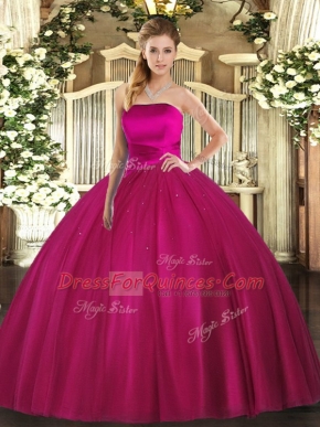 Floor Length Lace Up Quinceanera Dress Fuchsia for Military Ball and Sweet 16 and Quinceanera with Ruching