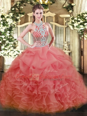 Ball Gowns Quince Ball Gowns Watermelon Red Halter Top Tulle Sleeveless Floor Length Lace Up