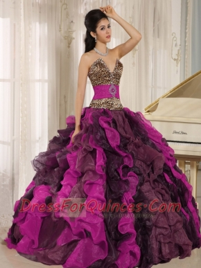 Multi-color Leopard and Organza  V-neck Ball Gown Dress With Ruffles and Beading
