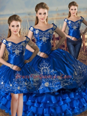 Royal Blue Lace Up Off The Shoulder Embroidery and Ruffled Layers Sweet 16 Quinceanera Dress Satin and Organza Sleeveless