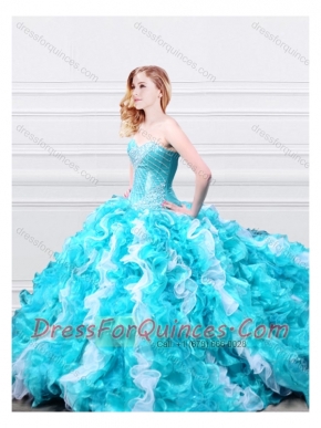 Modern Beadede and Ruffled 15th Birthday Gown in Aqua Blue and White