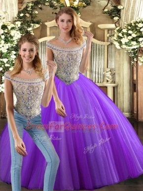 Two Pieces Ball Gown Prom Dress Eggplant Purple Bateau Tulle Sleeveless Floor Length Lace Up
