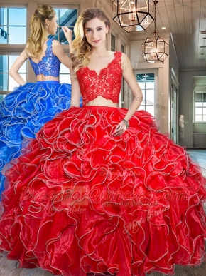 Red Quinceanera Dresses Military Ball and Sweet 16 and Quinceanera and For with Lace and Ruffles V-neck Sleeveless Zipper