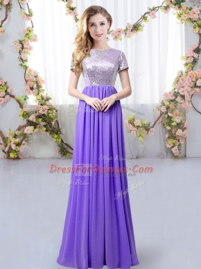 Floor Length Lavender Quinceanera Dama Dress Scoop Short Sleeves Zipper