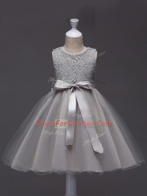 Grey Tulle Zipper Scoop Sleeveless Knee Length Flower Girl Dress Lace and Belt