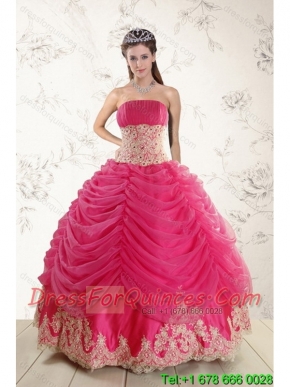 Fashionable 2015 Strapless Hot Pink Quinceanera Dresses with Beading and Lace