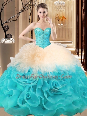 Sleeveless Floor Length Beading and Ruffles Lace Up Quince Ball Gowns with Multi-color