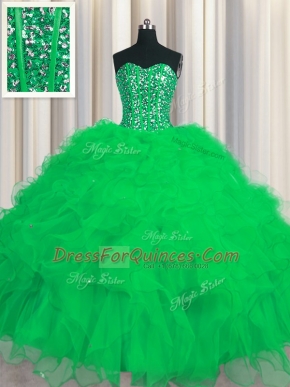 Visible Boning Green Ball Gowns Tulle Sweetheart Sleeveless Beading and Ruffles and Sequins Floor Length Lace Up Quinceanera Gown