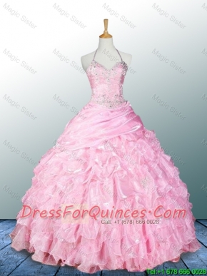 Beautiful Halter Top Pink Quinceanera Dresses with Appliques