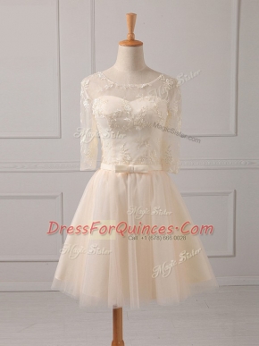 Champagne Lace Up Scoop Lace and Belt Quinceanera Court of Honor Dress Tulle Half Sleeves