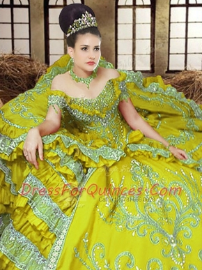 Off the Shoulder Light Yellow Lace Up Ball Gown Prom Dress Embroidery Sleeveless Floor Length