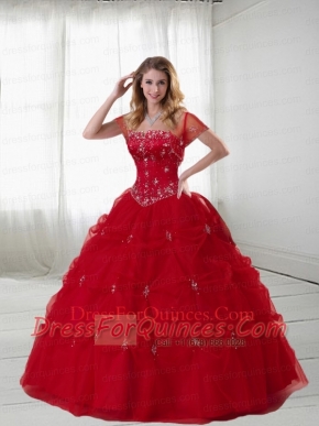 2015 Strapless Red Quinceanera Gown with Beading and Pick-ups