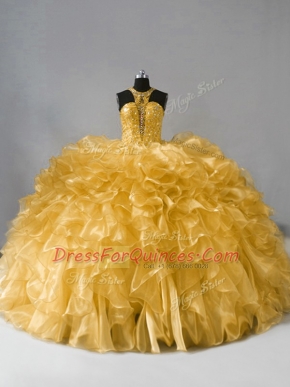 Fashionable Gold Organza Zipper High-neck Sleeveless Floor Length Vestidos de Quinceanera Beading and Ruffles