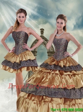 Gold Strapless Leopard 2015 Quinceanera Dress with Ruffled Layers and Beading