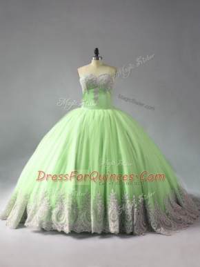 Fitting Beading and Appliques Quince Ball Gowns Yellow Green Lace Up Sleeveless Court Train