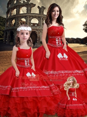 Red Satin Lace Up Quinceanera Gowns Sleeveless Floor Length Embroidery and Ruffles