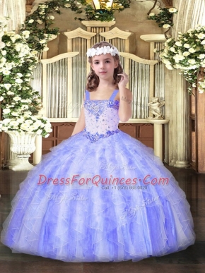 Gorgeous Sleeveless Organza Floor Length Lace Up Kids Formal Wear in Lavender with Beading and Ruffles